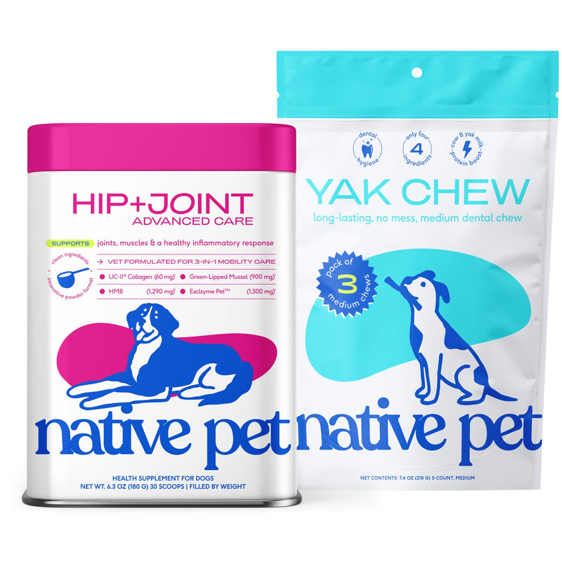 Native Pet Joint Strength & Dental Wellness Pack: Hip & Joint Supplement for Dogs - Supports Joints, Cartilage, Muscles & Anti-Inflammatory - 30 Scoops & 3 Medium Yak Cheese Himalayan Dog Chews