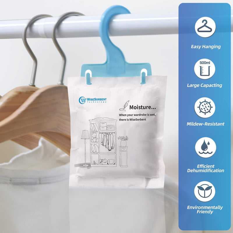 Wisesorb Moisture Absorber Packets with Plastic Case & Hook, Odor Eliminator, Leak Proof, Fragrance Free, Humidity Packs, Hanging Closet Dehumidifier Bags, Moisture Absorber (4 Packs) 1 Count (Pack of 4)