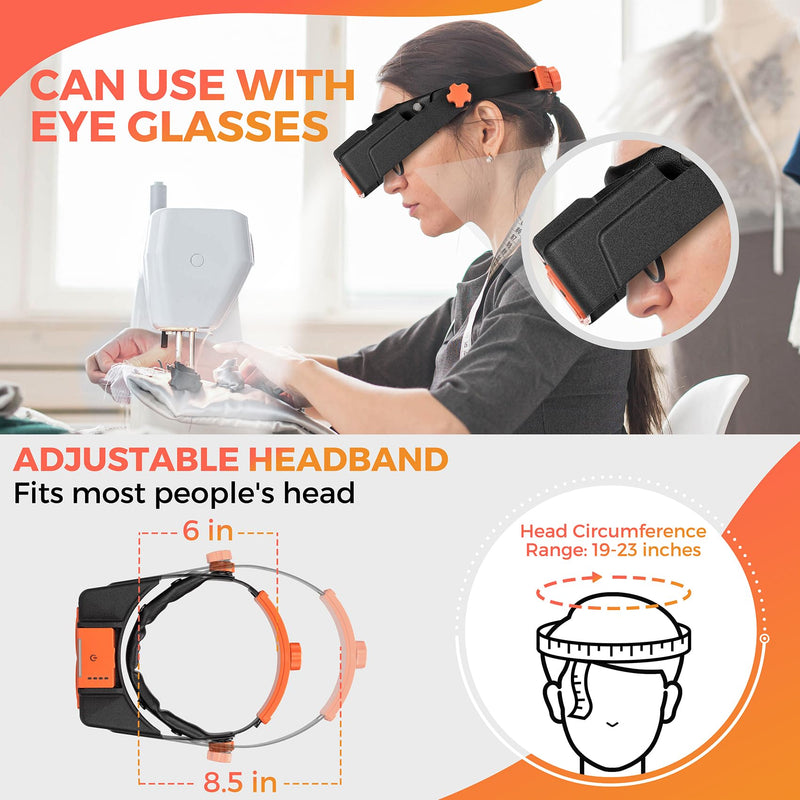 Magnifying Glasses with Light for Close Work, Rechargeable Headband Magnifier 1.5X-3.5X Magnifying Headset with 4 Lenses, Storage Case, Jewelers Optivisor Loupe Visor for Reading,Crafts,Hobby