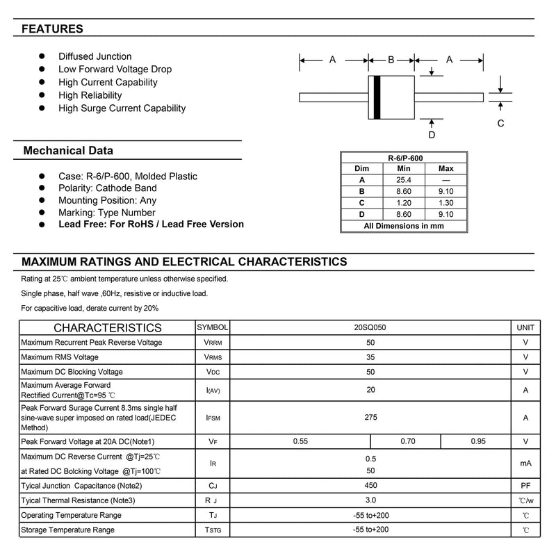 25Pcs 20SQ050 Schottky Rectifier Diode 20A 50V Blocking Bypass Barrier Diodes 20 Amp 50 Volt Solar Axial Cell Panel Dioden R-6 Package