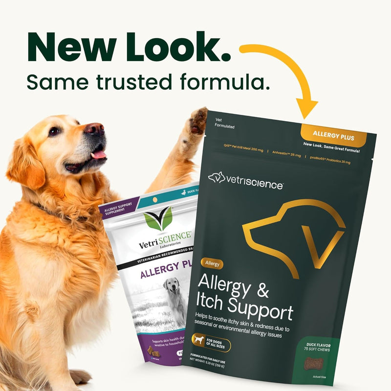 VetriScience Allergy & Itch Support Chews, Skin Supplement for Dogs, Itching, Scratching, and Licking, Support Immune Health, Duck, 75 Count 75 Chews