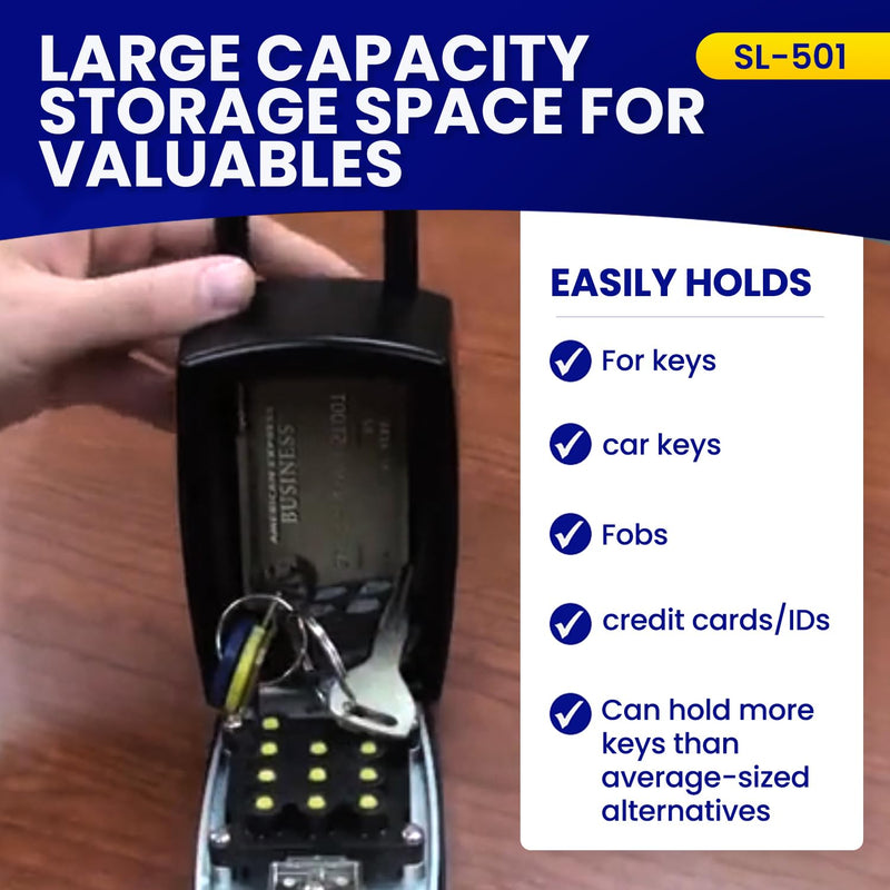 SL-501 Punch Button Lock Box | Portable Shackle LockBox For Outside - Fits House Keys, Car Keys, Fobs, & More | Keypad Safe Box, Digital Push Button Combination Lock | Black Finish 1