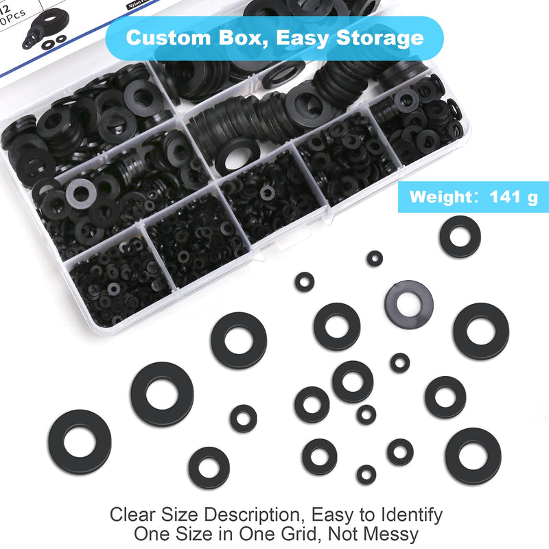 1200 Pcs Nylon Flat Washers for Screws Bolts, Black Plastic Washers, Premium Fender Washers Assortment Set, Assorted Washers Kit (9Sizes-M2 M2.5 M3 M4 M5 M6 M8 M10 M12) for Household & Commercial YLYL 1200 Pcs Nylon Flat Washers