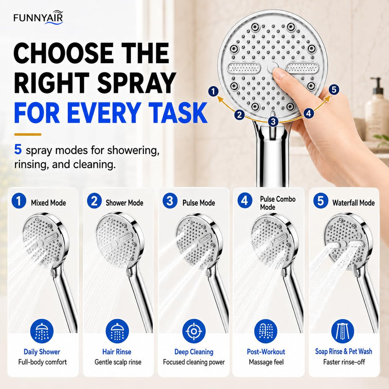 Handheld Shower Head, FunnyAir High Pressure Showerhead with 5 Spray Modes, 59 Inch Stainless Steel Hose, Dual 360° Adjustable & Adhesive Brackets, Ideal for Low Water Pressure Home, Apartment Chrome