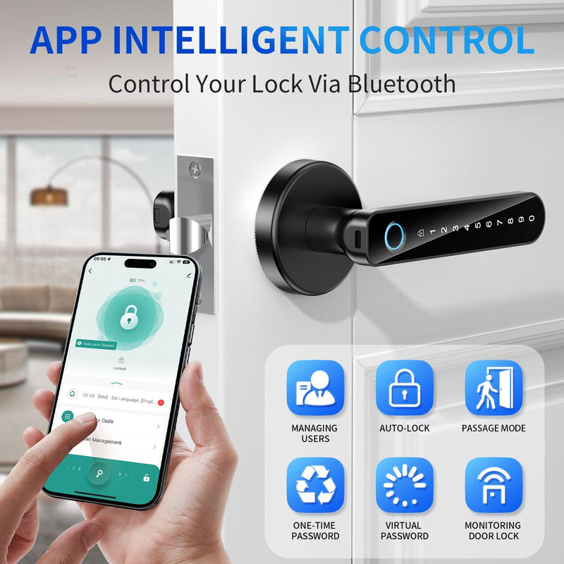 Fingerprint Door Lock- biometric Smart Door knob- passcode keypad Door Handle，for Bedroom Hotel Office Apartment (Black) Black