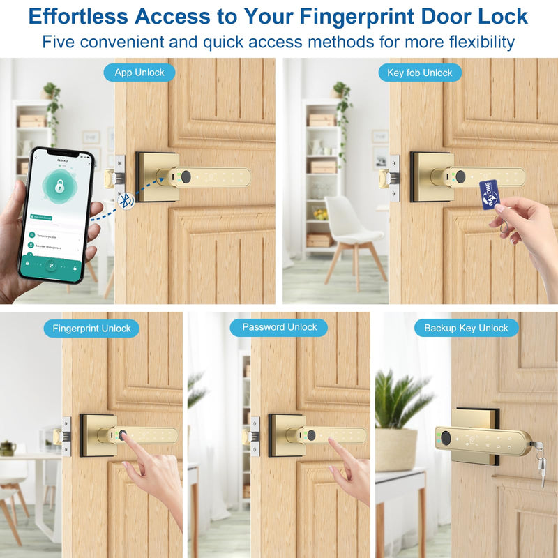 Gold Fingerprint Door Lock Smart Finger Print Door Knob Keyless Bedroom Door Lock with Keypad App Control Easy Installation for Home Bedroom Office,2 Fob Cards 2 Fob Cards Gold Fingerprint Door Knob