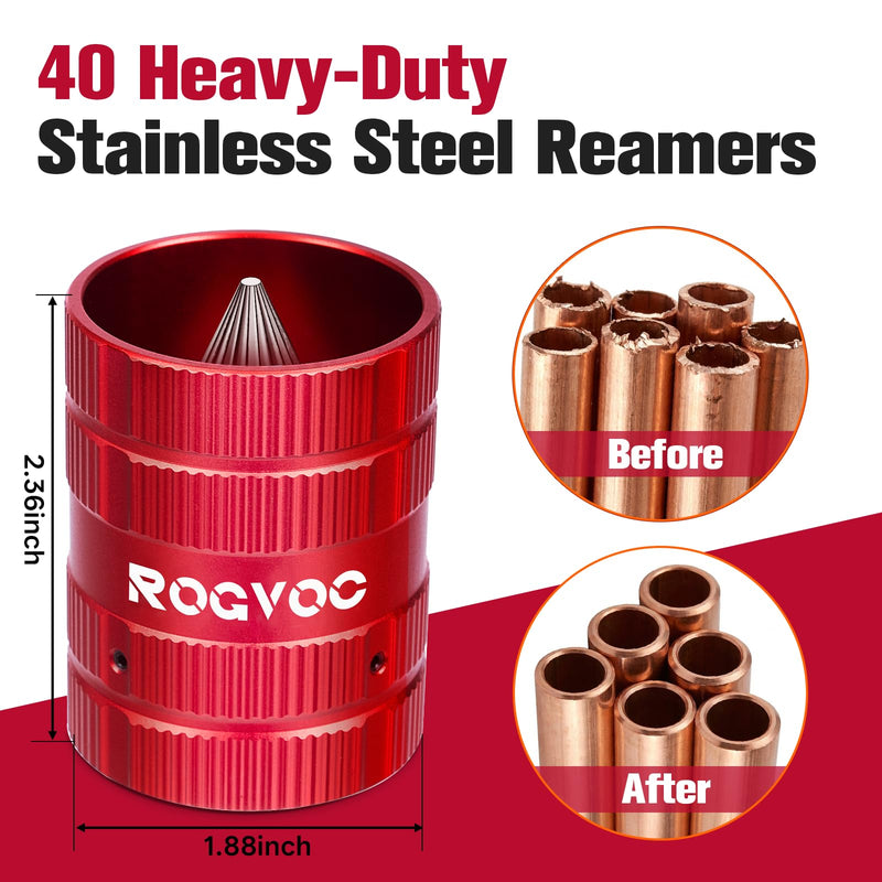 Pipe Reamer Tool, HVAC Deburring Tool for Pipe Cleaning from 1/4 Inch to 1-1/4 Inches, Inner Outer Copper Reamer with 40 Sharp Stainless Steel Reamers for PVC, Copper, Aluminum, PPR Tubes, Red 209A