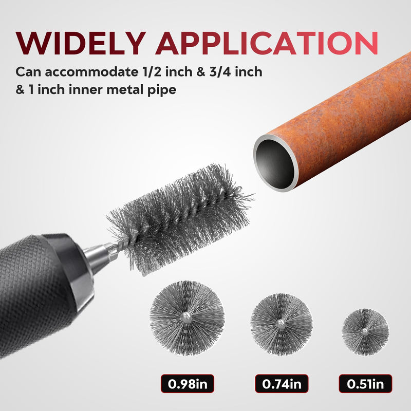 1/2" & 3/4" & 1" Copper Pipe Cleaner for Drill, with 1/4 Hex Shank & 3 Stainless Steel Wire Brushe, for Cleaning Rust, Stains, Paint on Copper Pipes and Various Metal Pipes(Red) Red