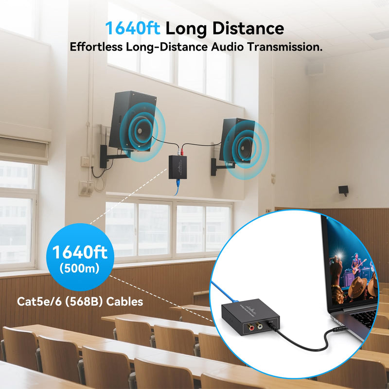 Analog Audio Extender RCA 3.5MM Stereo Over Ethernet LAN Single Cat5e/6 Cable, up to 1640FT/500M No External Power Required for Home Theater Church AMP Long Distance Audio Transmission Black