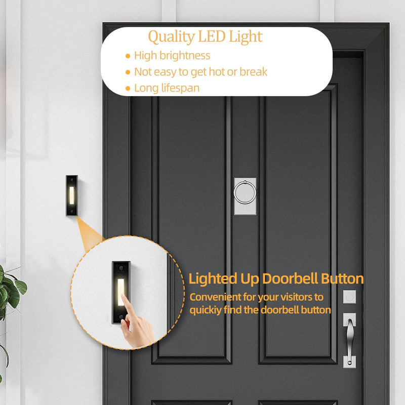 Lighted Doorbell Button Wired Door Bell Push Buttons LED Door Chime,Black Replacement Doorbell Button,Wall Mounted Doorbell Switch Wired Doorbells for Home Black Button,Warm Light