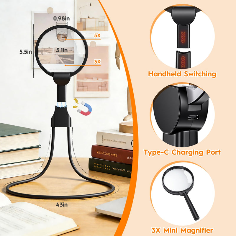 Magnifying Glass with Light for Reading, Hands Free Magnifier for Books with Dimmable, Included Small Magnifier, Neck Wear Large Screen Stand Glasses for Close Work Seniors Low Vision Rechargeable