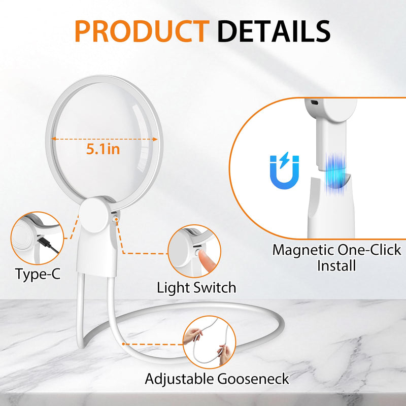 Hands-Free Magnifying Glass with Light, 5X Neck Magnifier for Close Work, Reading Small Print, Cross Stitch, Sewing & Crafts, Rechargeable Lighted Magnifier, Vision Aid for Seniors & Low Vision