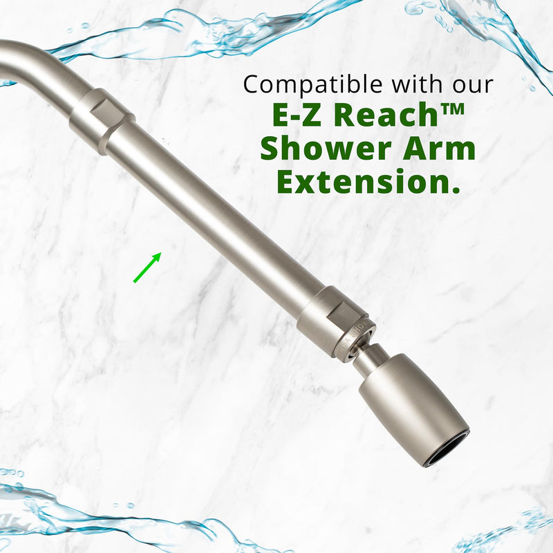 High Sierra® Classic™ Solid Metal 1.8 GPM Award Winning, Low Flow Shower Head. Patented Nozzle Never Clogs. Long Nut Hides Shower Arm Threads. Brushed Nickel Finish