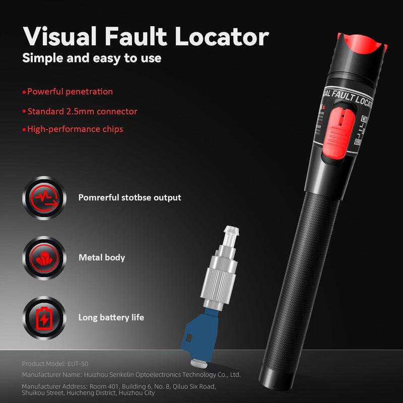 Visual Fault Locator 50KM - VFL Fiber Optic Tester Kit with FC/LC/SC/ST Compatibility - Single Mode 9/125μm for Data Centers & FTTH Network 50 VFL + FC/LC Connector