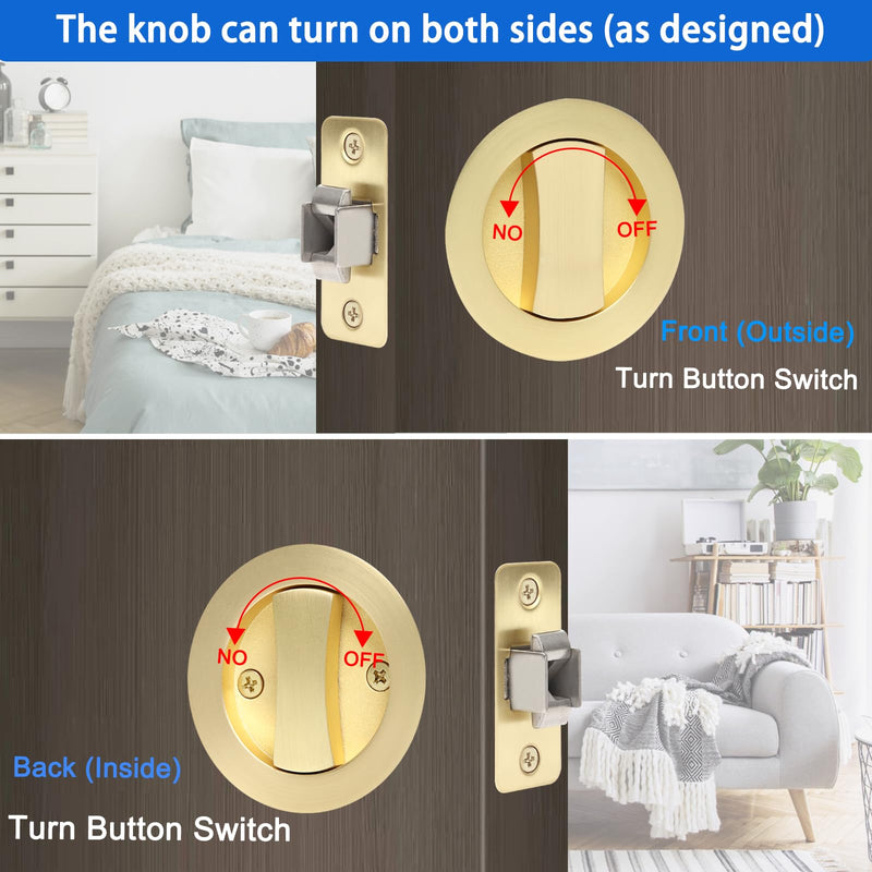 Dontay Pocket Door Passage Latches Lock,Flush Double Sided Rotation,Privacy (Bed/Bath) Latch,Large Lever,Hardware for 1 3/8" to 2 3/16" Sliding Door & Bathroom Doors (Satin Brass, Round - 1 Set) Satin Brass