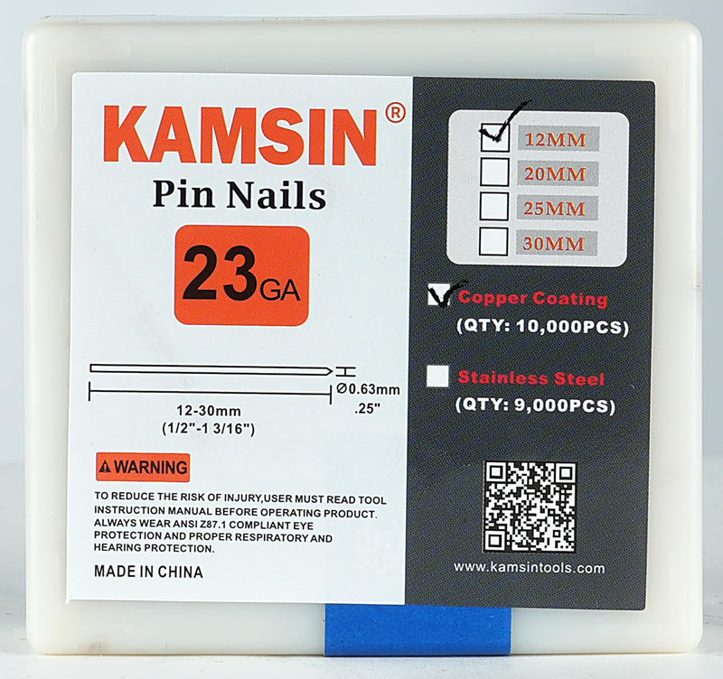 P612 Headless Pin Nails, 23 Gauge 1/2'' (12mm) Leg Length, Copper Coating, 10,000 PCS/BOX, Pin Nails & Fasteners for Pneumatic Pin Nailer Air Pin Nail Gun P612 Copper Pin Nails (1/2'', 12mm)