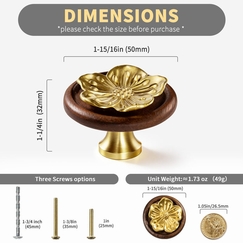 Solid Brass Gold Cabinet Knobs, 2 Inch Oversized Flower Drawer Pulls with Wood Base,4-Pack Modern Dresser Handles for Bathroom Vanity, Kitchen ,Cupboard and Furniture Hardware, Brushed Brass Finish