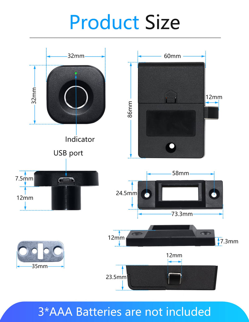 SUMNEW Fingerprint Cabinet Lock, Smart Biometric, Keyless Hidden File Drawer Wardrobe Lock, Child Safety Electric Lock, DIY Wooden Furniture for Home Office Black Standard