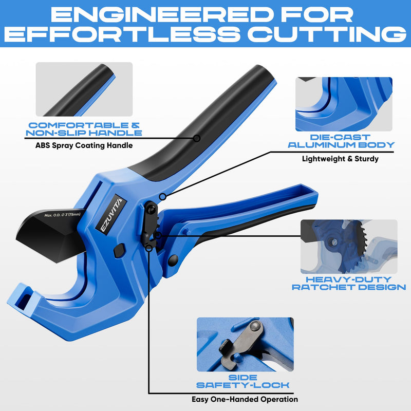 Ratchet PVC Pipe Cutter, Cuts Up to 3", Heavy-Duty Aluminum Ratchet Tubing Cutter Tool for PEX, PVC, CPVC, PE, PP, ABS and Rubber Hose, Suitable for Home Repair and Plumbing 3"