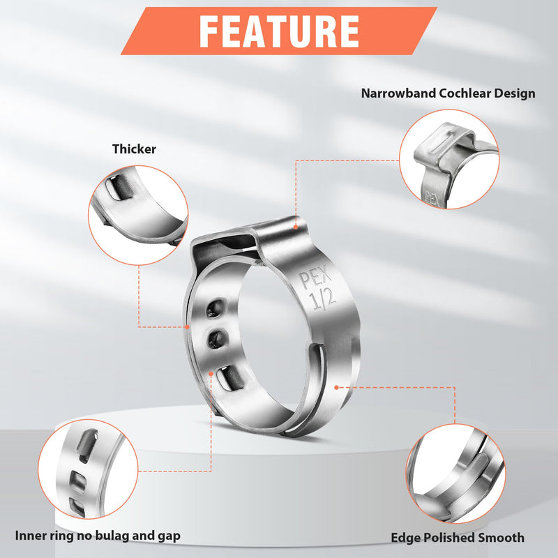 120pcs 1/2 inch PEX Cinch Clamps Rings, 304 Stainless Steel Single Ear Hose Clamps, Pex Crimp Rings for PEX Tubing Pipe Fitting Connections 120 Pcs