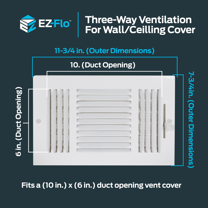 EZ-FLO 10 x 6 Inch (Duct Opening) White Air Vent Cover for Wall or Ceiling, Three-Way Ventilation Register, 11-3/4 Inch x 7-3/4 Inch (Overall Dimensions), Solid Steel HVAC Cover, 61616 10 in. x 6 in.
