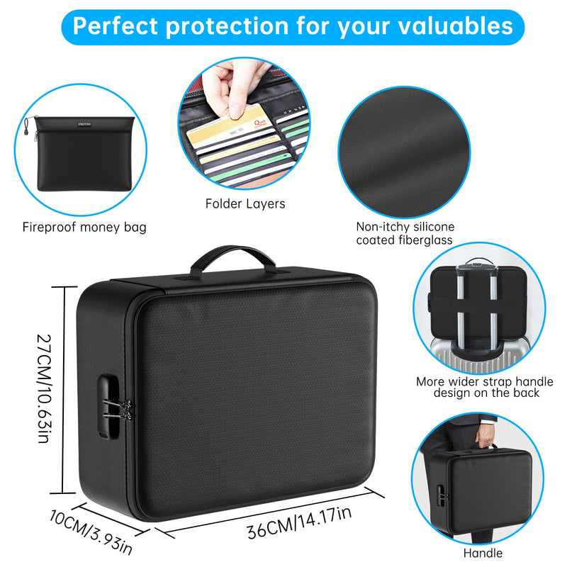 ENGPOW Fireproof Document Bag with Lock,File Organizer Set with Zipper Money Case,5 Layers Protection Fireproof Safe Storage for Important Documents,Passport,Laptop,14.2"*10.6"*4",Soft Case Black