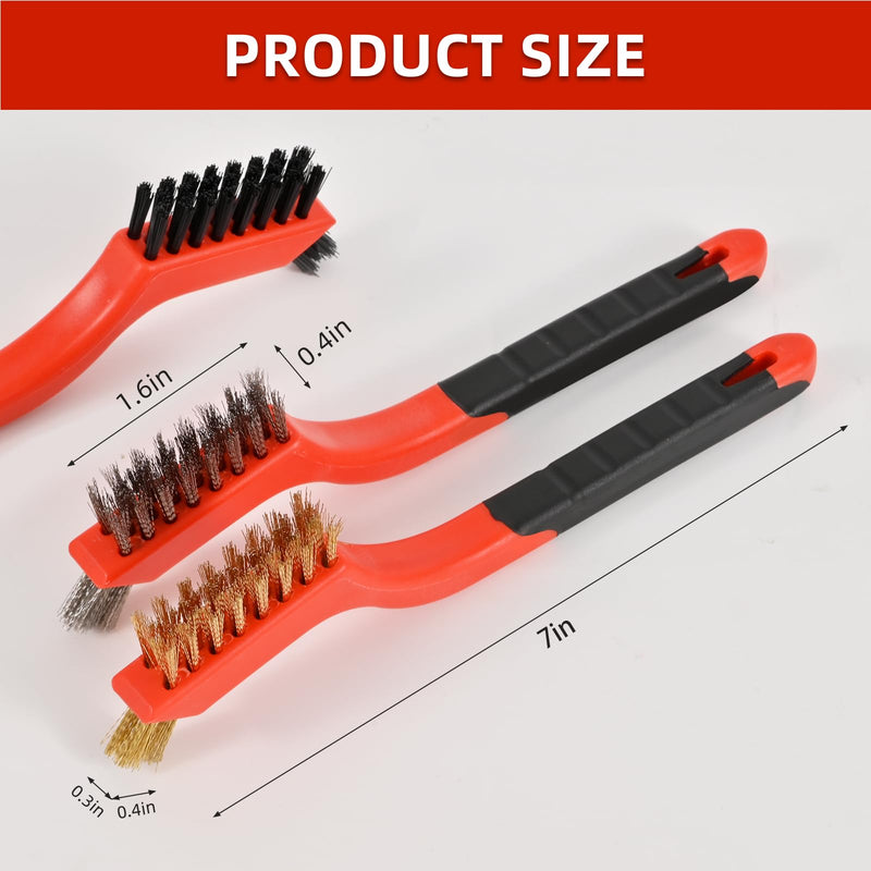 3pcs Wire Brushes for Cleaning Rust, Upgrade Wire Brush Set - Brass/Stainless Steel/Nylon Bristles, Small Metal Wire Brush with Curved Handle Grip, Wire Brushes for Paint and Stain, 7 Inches