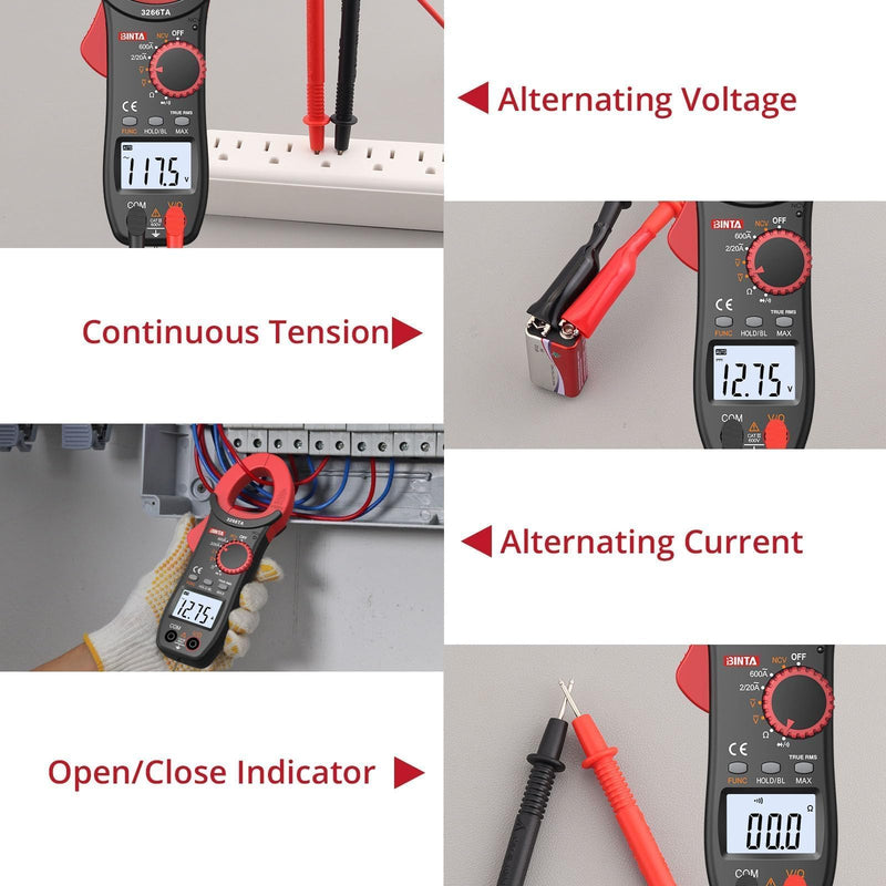 BINTA Digital Clamp Meter, 2000 Counts 600A AC Multimeter with NCV, TRMS Auto Range, 600V AC/DC Amp Voltage Tester with Ohm Measures, Capacitance Resistance Diodes, Non-Contact Voltage Detection