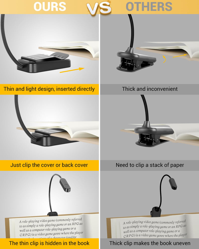 Book Light 2 Pack, Rechargeable Reading Lights for Books in Bed-Eye Caring 3 Colors, Stepless Dimming, 360° Flexible Studying Small Desk Lamp, Lightweight Clip-on LED Night Light for Book Lovers, Kids Black