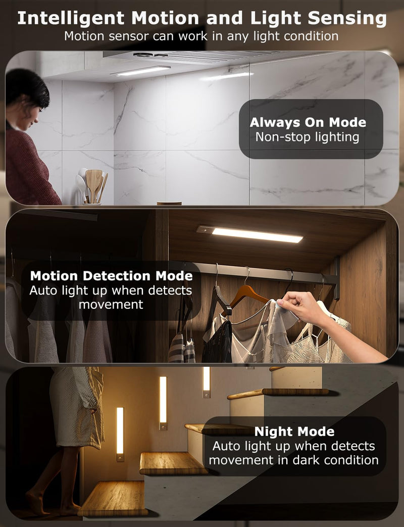 56LED Under Cabinet Lighting Wireless w/Remote, 11.8'' Motion Sensor Light Indoor Rechargeable Under Cabinet Lights, Magnetic Closet Lights Battery Operated, Under Counter Lights for Kitchen (4) 11.8 Inch 4