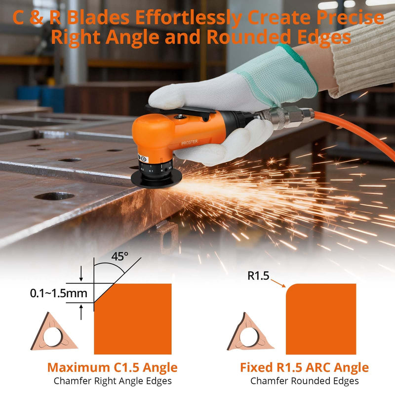 Proster Pneumatic Chamfer Tool Kit Professional Air Deburring Machine, 30000 RPM with Dual-Blade System (R & C Blades), 22-Piece Tungsten Carbide Set for Metal, Wood, PVC, Pipes (Orange) Orange