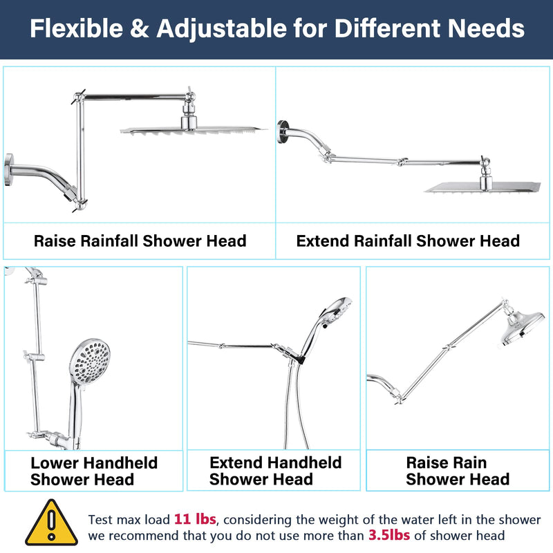 PDPBath Shower Extension Arm, 16" Upgrade Solid Brass Shower Head Shower Head Extender, Adjustable Height Extended with G1/2 Universal Connection for Rain & Handheld Shower Head - Chrome 8 Inch + 8 Inch - NewNest Australia
