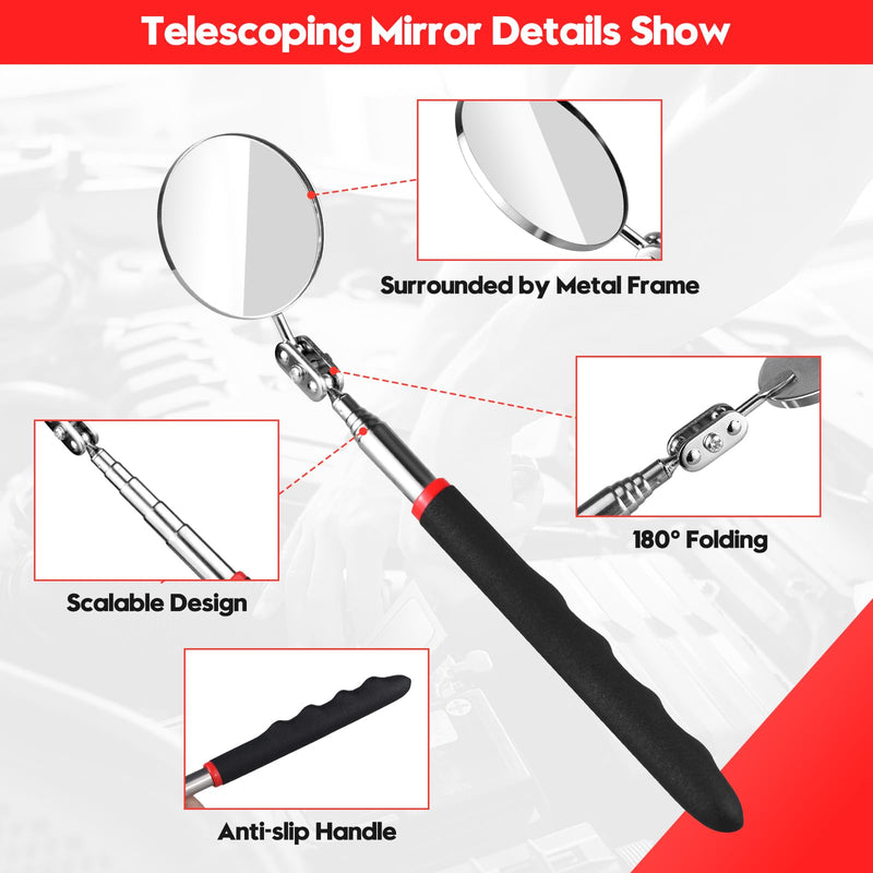 2 Pcs Inspection Mirror, Mechanics Mirror Tool with Long Handle, Round Extendable Mirror on a Stick & 360 Rotation Bendable Circular Mirror for Technicians Mechanics Contractors Checking Observation Black/Orange