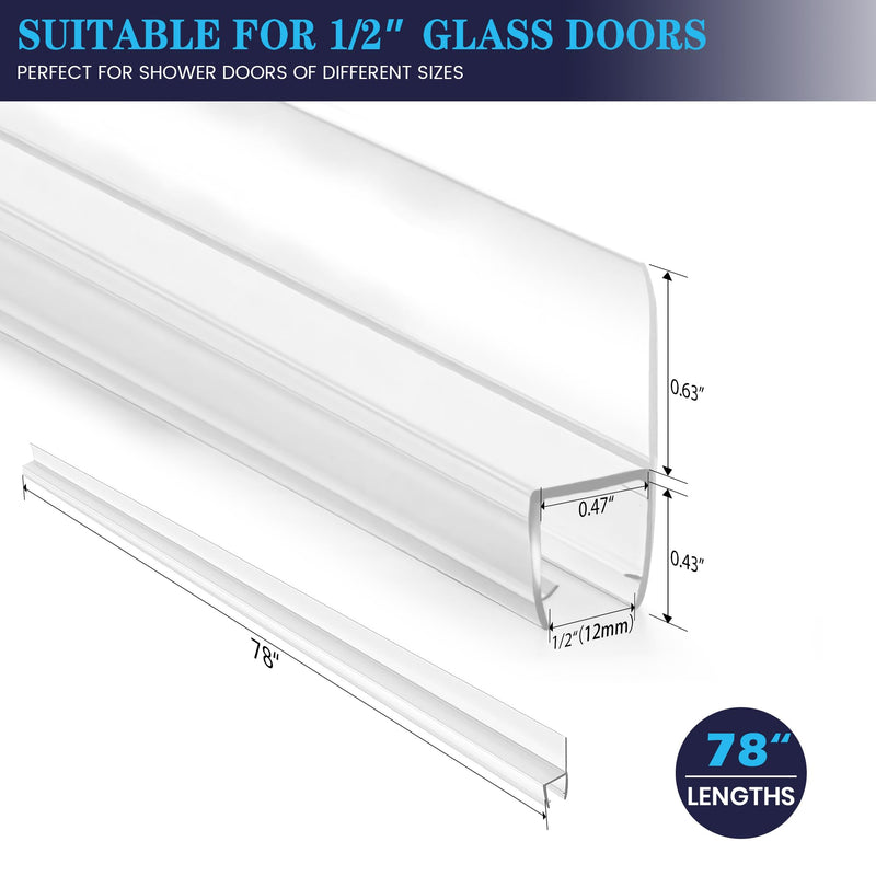 Bathroom Shower Door Seal Strip, 2PCS 78 Inch Shower Door Side Seal Strips, PVC Transparent Shower Door Seal Strip for 1/2"(12MM) Frameless Shower Door