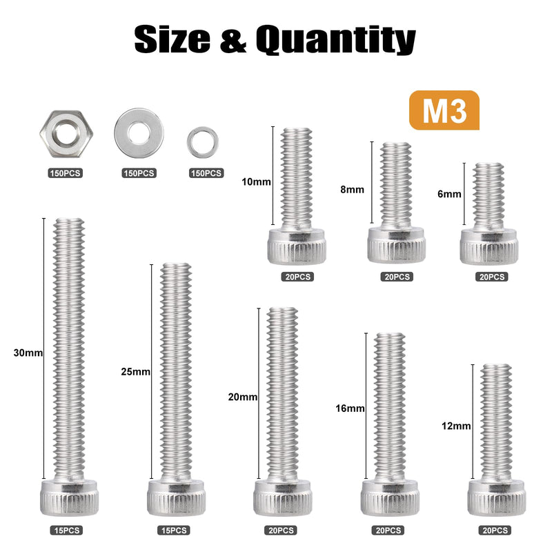 600pcs M3 Screw Assortment Kit, M3 Screws (8 Sizes 6-30mm) for 3D Printer DIY, Hex Socket Head Cap Screws Bolts Nuts Washer Kit, 304 Stainless Steel, M3 x 6/8/10/12/16/20/25/30mm M3x6/8/10/12/16/20/25/30mm