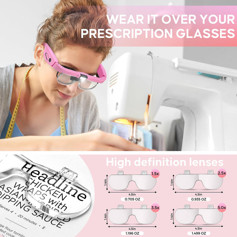 Magnifying Glass with Light, 1.5X-5.0X Magnifying Glasses, Rechargeable Magnifier Headset with Light, Head Magnifier with 4 Detachable Lenses, Magnify Glasses for Close Work Crafts Jewelry Pink Magnifying Glass With Light