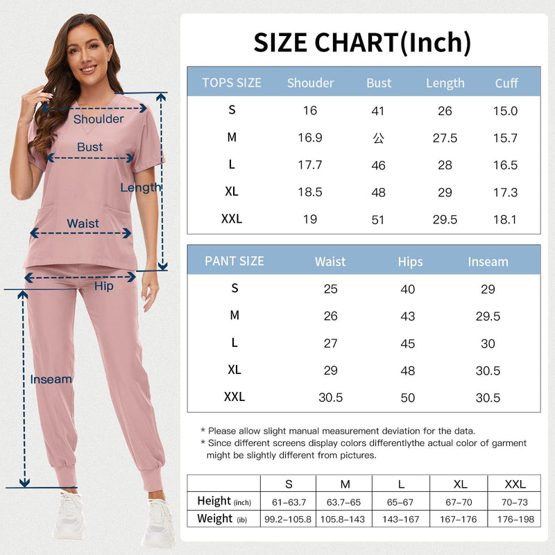 VIAOLI Scrubs for Women Set V-Neck Pocket Top & Drawstring Jogger Scrub Pants Stretch Nursing Scrubs Set Uniform Pink Medium