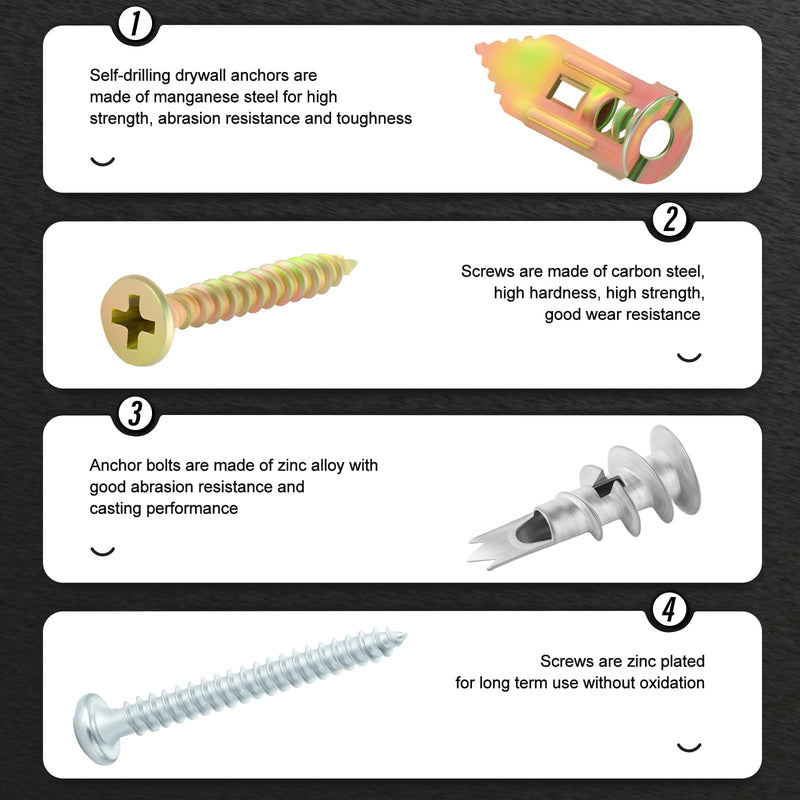 460pcs 5 Different Sizes Self Drilling Drywall Anchors Kits, Anchor and Screw Combination with Cross Groove Drill Bit