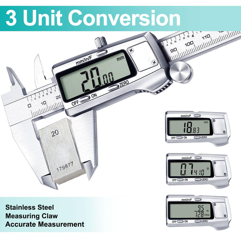 Kynup Digital Caliper, Caliper Measuring Tool, Micrometer Dial Vernier Caliper Digital, Full Turn Off, Stainless Steel, Switch from Inch Metric Fraction (6Inch/150MM) KY-21S