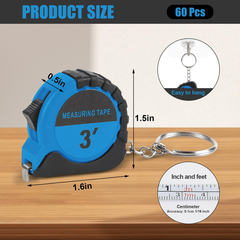 60 Pcs Mini Measuring Tape Keychains 3 Ft Small Tape Measure Inch Metric Scale Bulk with Lock Steel Easy Read Pocket for Party Favors Birthday Daily Use（Blue） (Blue) Blue