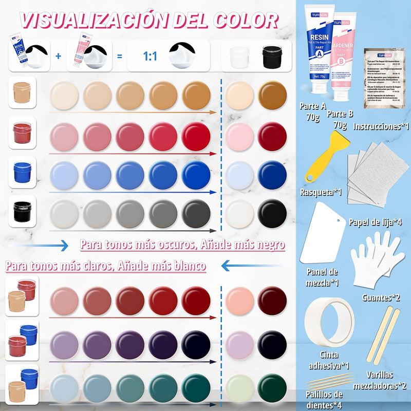 Bathtub Repair Kit 4.94oz (Color Match), TUFINEIN Porcelain Repair Kit for Fiberglass, Enamel, Ceramic, Acrylic Repair and Fix Chips, Cracks, Scratches, Holes on Tub/Tile/Sink/Shower Tray/Shower