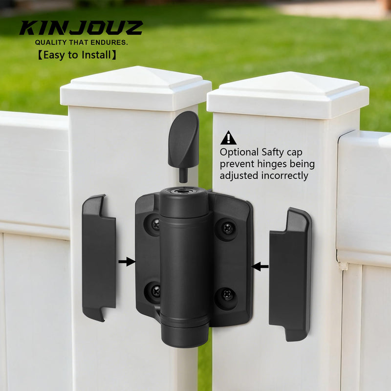 Self Closing Gate Hinges, Heavy Duty Adjustable Tension Nylon Hinge | Fence Hinges Kit for Outdoor Metal/Vinyl/Wooden Gate with Safety Cap, 1 Pair Black