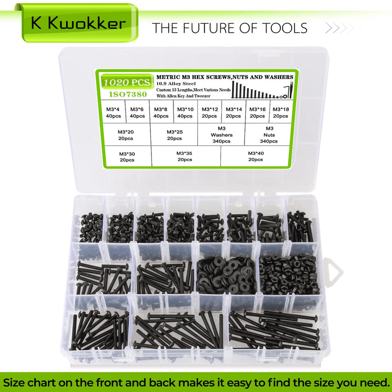 1023Pcs M3 Screw Assortment 13 Lengths 4mm to 40mm, 10.9 Alloy Steel Nuts and Bolts Assortment Kit, Metric Button Head Hex Socket Head Cap Machine Screws and Nuts, Washers, Black B M3 Button Head Screws Black