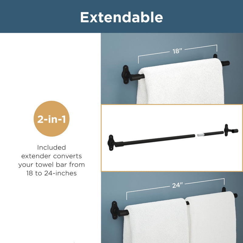 Franklin Brass Woodruff (1-Pack) 18'' Towel Rack w/ 6" Extender for Bathroom Matte Black Towel Bar for Bathroom Wall Mounted Towel Holder Rod WDRF26-MB