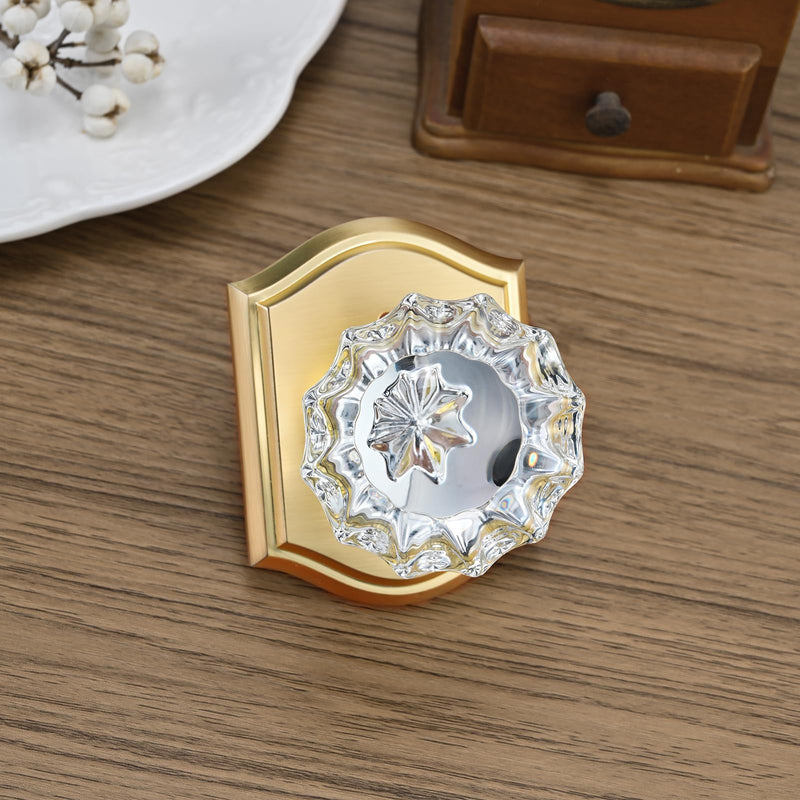 Glass Door Knob, Gold Crystal Door Knob Interior with Lock, Satin Brass Privacy Door Knob for Bedroom Bathroom, Brushed Gold
