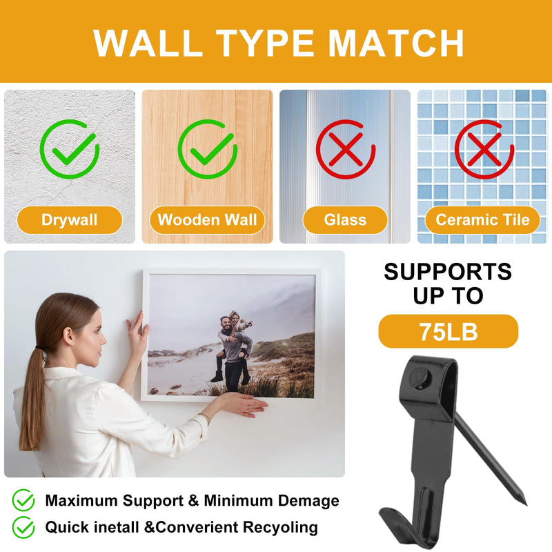 KURUI Picture Hangers, 385Pcs Picture Hanging Kit with Heavy Duty Picture Hanging Hooks, Sawtooth, Hardware Nails and Picture Hanging Tool, Wall Hangers for Frame, Painting, Art, Photo (Black) Black