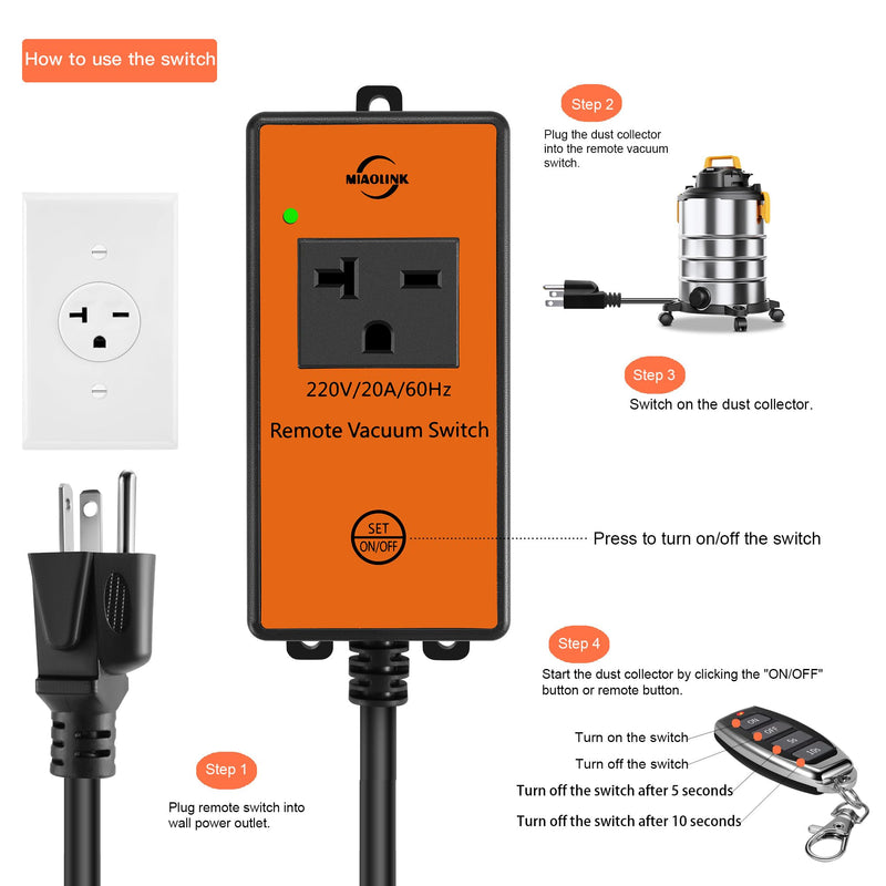 220v Automatic Remote Vacuum Switch， Wireless Remote for Dust Collector and Table Saw Tools Starter Outlet Switch, 5S 10S Delay OFF(Battery Included) 220V