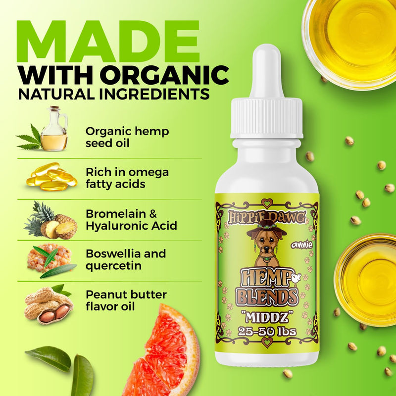 Hippie Dawg Middz Hemp Oil for Medium Dogs (26-50 lbs) - Advanced Hip and Joint Support with Glucosamine, Collagen & Hyaluronic Acid - Natural Calming Tincture for Recovery & Wellness - 1oz