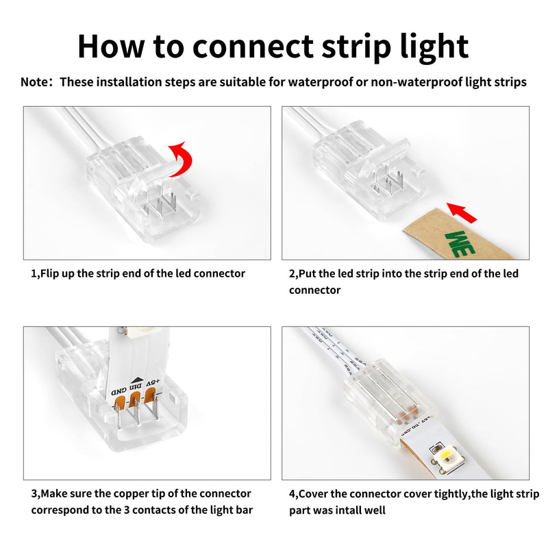 RGBZONE 3 Pin 10mm LED Connector Kit with 32.8ft 3 Pin Extension Cable and 10 Pcs 3 Pin LED Strip to Wire Connectors for 10mm IP20/IP65 SMD 5050 Dream Color LED Strip Light WS2811 WS2812B 3pin 10mm kit