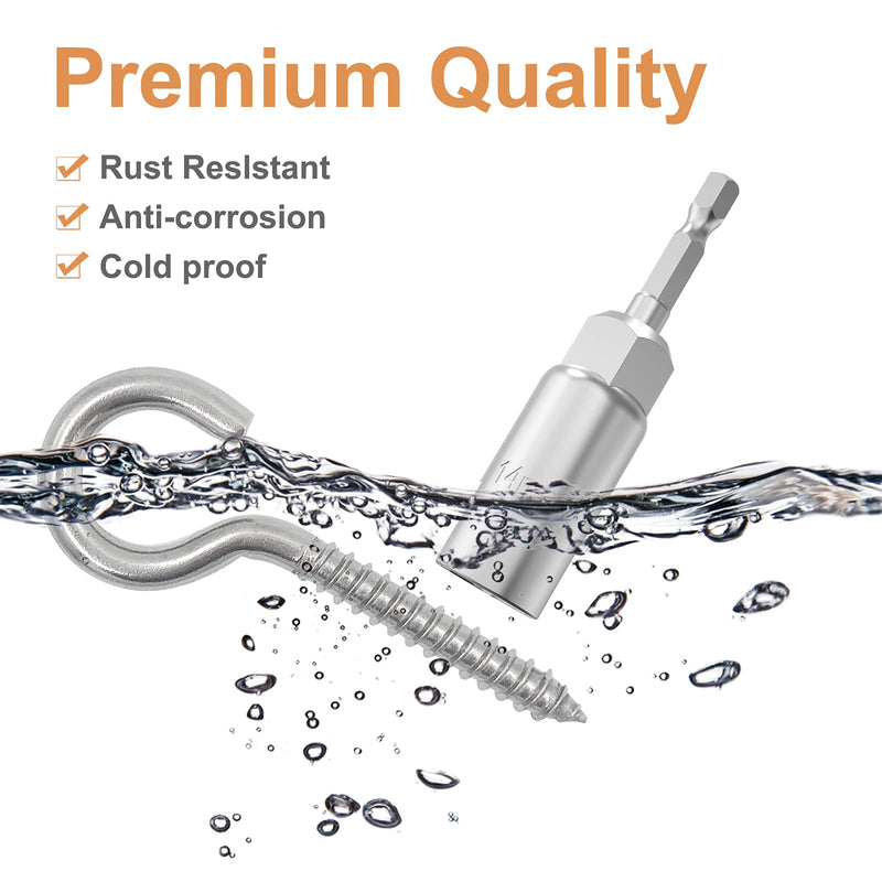 304 Stainless Steel Screw-in Hooks, Metal Hooks, Heavy-Duty Screw Eye Hooks, Wood Terminal Ring Eye Hooks,Christmas Lighting Hook. (14 pcs +1 pcs 1/4" hex Shank Wing nut Driver) M6 14 pcs +1 pcs 1/4" hex shank wing nut driver
